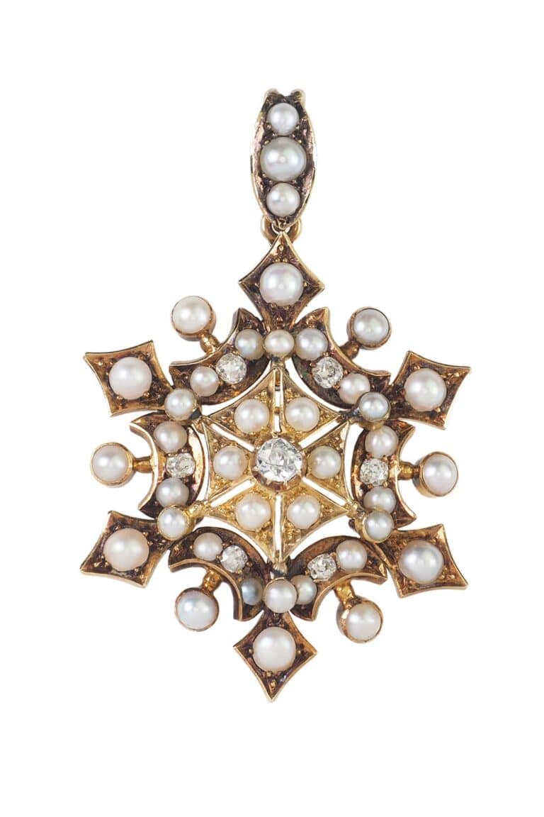 Viktorianischer Anhänger mit Diamanten und Perlen aus 18 Karat Gold