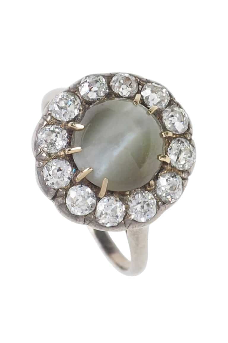 Viktorianischer Ring mit Katzenauge und Diamant aus 18 Karat Gold und Platin