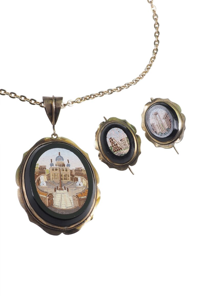 Viktorianische Schmuckset mit Mikromosaiken aus Sterling Silber