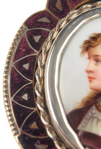 Um 1870 - Silber Anhänger / Brosche mit Porzellanmalerei & Emaille – Bild 4