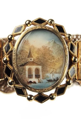 Um 1850 - 18 ct. Gold Armband mit Miniaturmalerei, Emaille & Haar, Victorian Schweiz – Bild 3