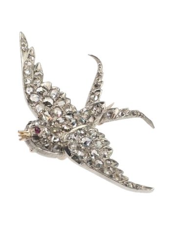 ** VERKAUFT ** Um 1900 - 15 ct. Gold Tiermotivbrosche "Schwalbe", Diamantrosen & Rubin – Bild 3