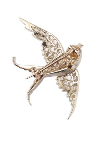 ** VERKAUFT ** Um 1900 - 15 ct. Gold Tiermotivbrosche "Schwalbe", Diamantrosen & Rubin – Bild 5