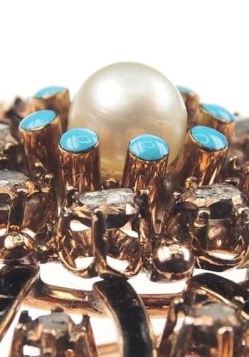 Um 1880 - 18 ct. Gold Brosche Diamanten, Türkise & Perle Victorian – Bild 4