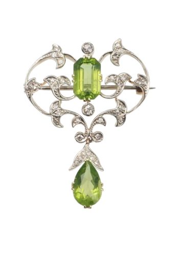 Um 1900 - 18 ct. Gold Anhänger/Brosche mit Kette Diamanten & Peridots England – Bild 4