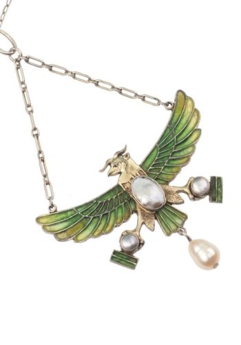 Um 1900 - Vergoldetes Silbercollier mit Fensteremaille (Plique-à-jour) aus dem Jugendstil Deutschland, Egyptian Revival – Bild 3