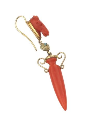 Um 1860 - 18 ct. Gold Ohrringe mit Koralle "Pferdekopf und Amphore" – Bild 5