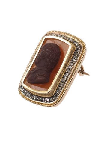 Um 1880 - 9 ct. Gold Brosche mit Karneolkamee "Shakespeare" & Achtkantdiamanten, aus dem Victorian England – Bild 4