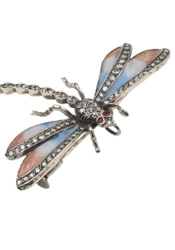 ** VERKAUFT ** Um 1900 - 15 ct. Goldbrosche "Libelle" mit Diamanten und Emaille – Bild 3