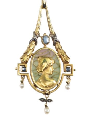 Um 1900 - 18 ct. Gold Jugendstil Anhänger mit Kette, mit Fensteremaille, Saphire, Perlen & Diamanten – Bild 4