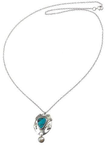 Um 1900 - Arts + Crafts Anhänger mit Kette, signiert "Murrle Bennet", mit Türkis & Perlmutt – Bild 3