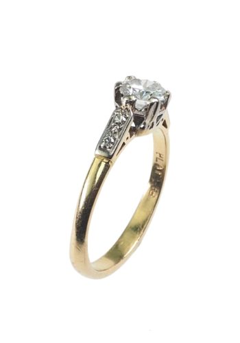 Um 1950 - 18 ct. Gold & Platin Ring / Verlobungsring mit Diamant Solitär – Bild 3