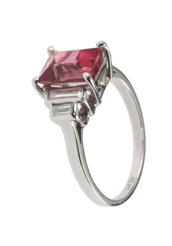 ** VERKAUFT ** Um 1950 - Platin Verlobungsring mit Turmalin & Baguetteschliff-Diamanten – Bild 3