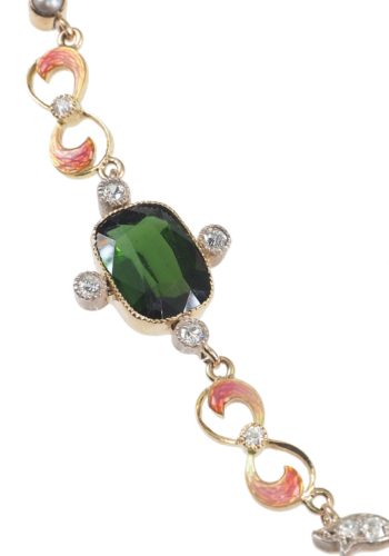 Um 1900 - 15 ct. Goldcollier mit Turmalinen, Diamanten, Perlen & Emailledekor, von Skinner & Co. – Bild 5