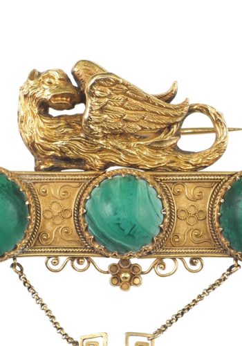 Um 1860 - Etruscan Revival Brosche, 15 Karat Gold & Malachit – Bild 3