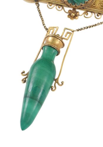 Um 1860 - Etruscan Revival Brosche, 15 Karat Gold & Malachit – Bild 4