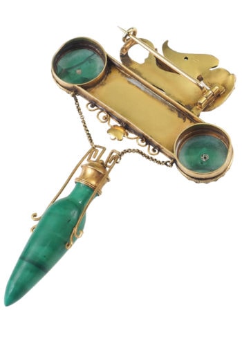 Um 1860 - Etruscan Revival Brosche, 15 Karat Gold & Malachit – Bild 5