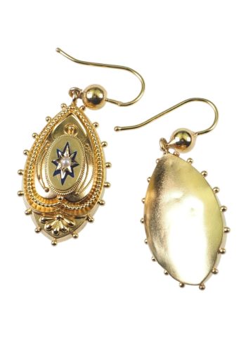 Um 1860 - Viktorianische Goldohrringe mit Granulationsdekor, Emaille & Perle – Bild 4