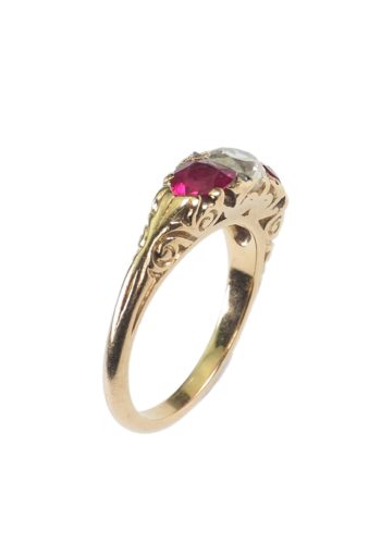Um 1890 - Viktorianischer Rubinring / Verlobungsring mit Diamant, 18 ct. Gold – Bild 3