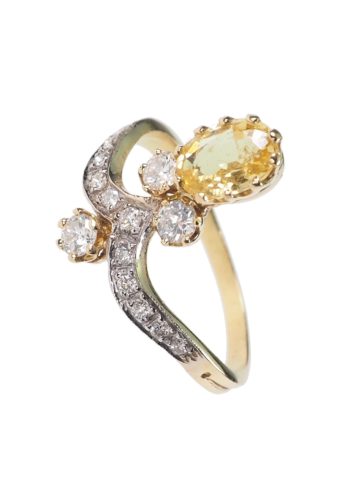 ** VERKAUFT ** Um 1900 - Französischer Art nouveau Ring mit gelbem Saphir & Diamanten – Bild 3