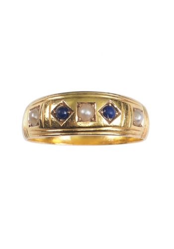 ** VERKAUFT ** Datiert 1908 - 15 ct. Goldring mit zwei Lapislazuli & drei Perlen – Bild 3