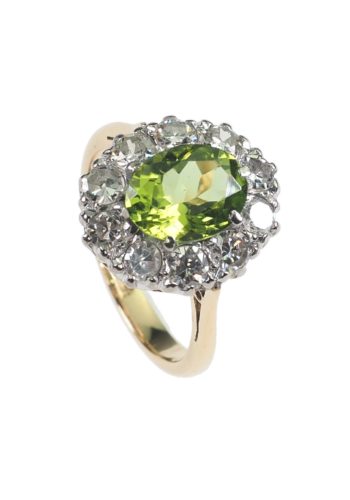 Um 1960 - 18 ct. Gold & Platin Peridotring / Verlobungsring mit 10 Brillanten Daisy – Bild 3