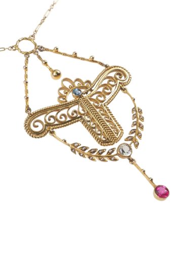 Um 1910 - 15 Karat Goldcollier mit Saphiren, Rubin & Perlen – Bild 3