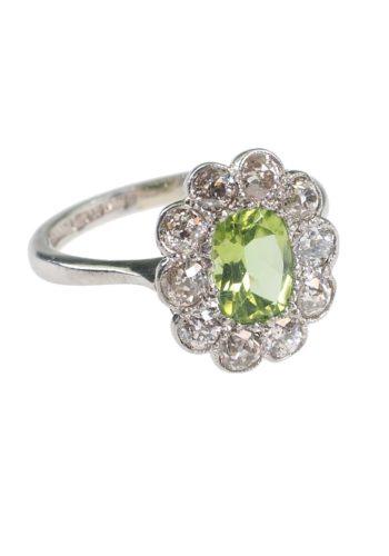 Um 1930 - Art déco Peridotring / Verlobungsring mit 10 Diamanten Daisy – Bild 3