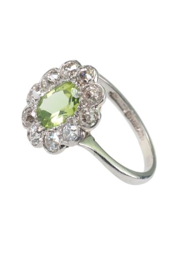 Um 1930 - Art déco Peridotring / Verlobungsring mit 10 Diamanten Daisy – Bild 4