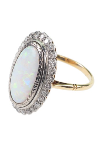 Um 1910 - 18 ct. Gold & Platin Ring mit Opal & Diamanten, Edwardian – Bild 4