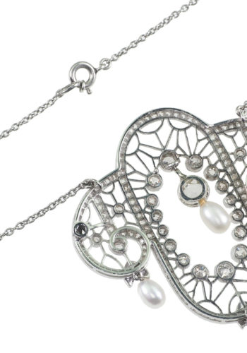 ** VERKAUFT ** Um 1910 - Art Nouveau Platincollier mit Perlen & Diamanten, inkl. Edelsteinezertifikat! – Bild 6