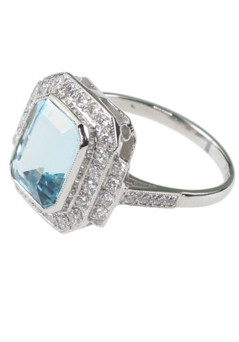 Um 1970 - Platin Aquamarinring, mit 38 Diamanten – Bild 3