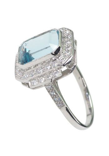 Um 1970 - Platin Aquamarinring, mit 38 Diamanten – Bild 4