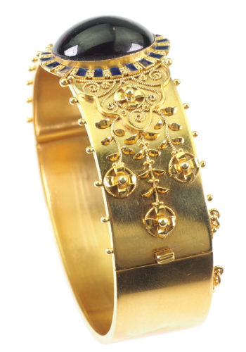 Um 1860 - Viktorianischer Goldarmreif mit Emaille & Granatcabochon – Bild 3