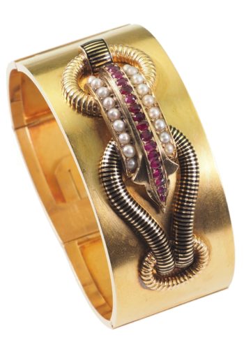 Um 1865 - Französischer Goldarmreif, Perlen & Rubine – Bild 8