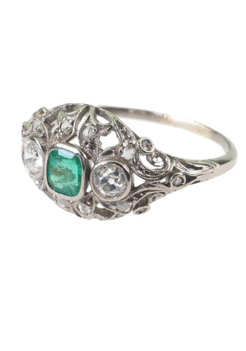Um 1930 - Art déco Platinring, Diamanten & Smaragd – Bild 3