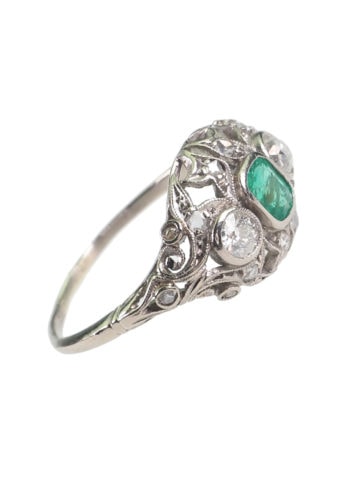 Um 1930 - Art déco Platinring, Diamanten & Smaragd – Bild 4