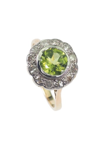 Um 1910 - Peridotring / Daisyring mit 12 Diamanten – Bild 3