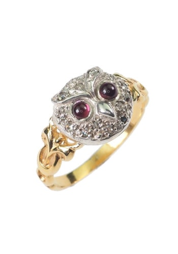 Um 1970 - "Eule" Gold & Silberring mit Diamanten und Granat – Bild 3