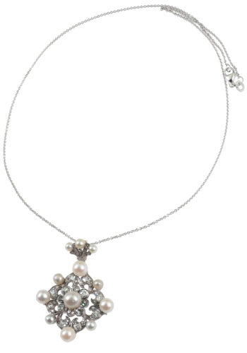 ** VERKAUFT ** Um 1880 - Diamanten & Naturperlen Anhänger mit Goldkette – Bild 4