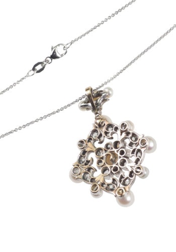 ** VERKAUFT ** Um 1880 - Diamanten & Naturperlen Anhänger mit Goldkette – Bild 5