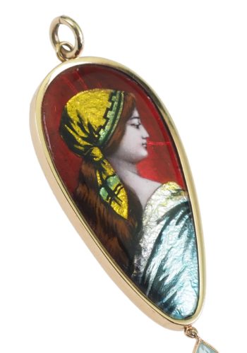 ** VERKAUFT ** Um 1900 - Limoges-Emaille Anhänger mit Aquamarin – Bild 4