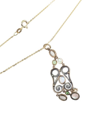 Um 1890 - Mondsteine & Emaille Goldanhänger mit Kette – Bild 4