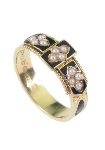 Datiert 1914 - Emaille & Perle Goldring, Edwardian – Bild 3