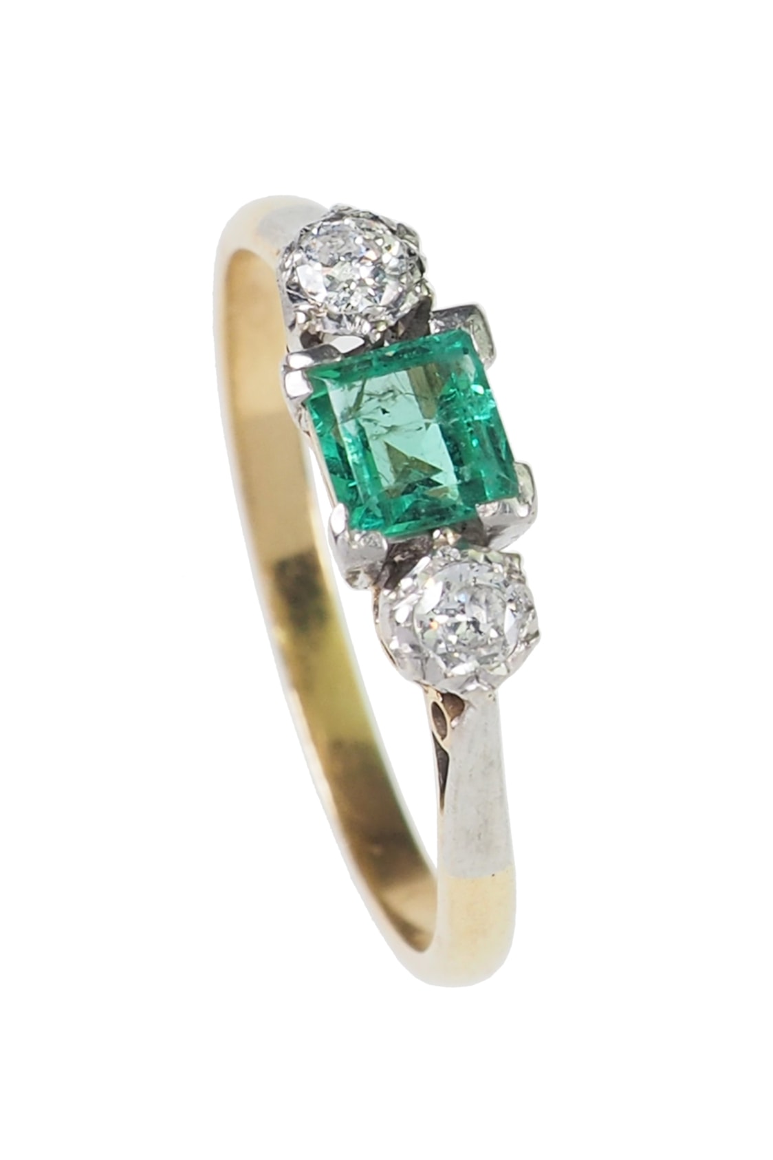 Art déco Verlobungsring mit Smaragd und Diamanten aus 18 Karat Gold und Platin