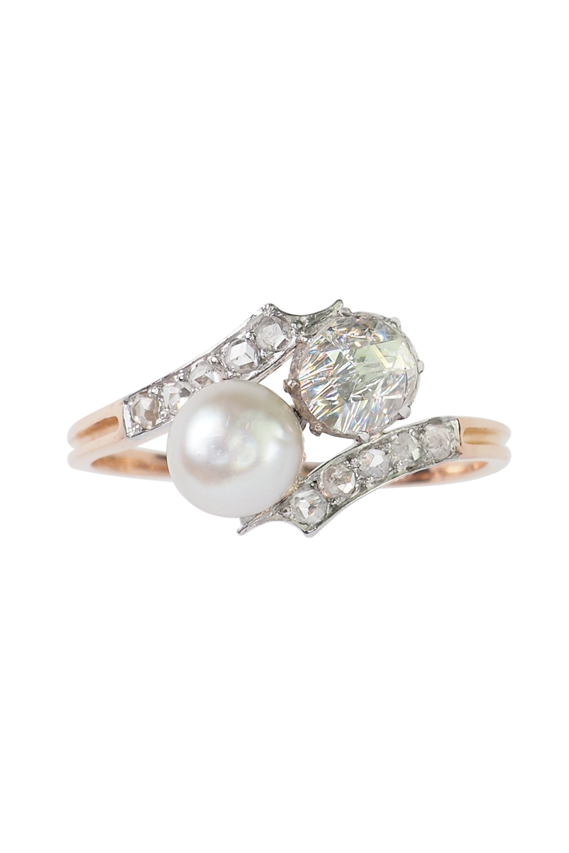 Art Nouveau Ring mit Diamanten und Perle aus 18 Karat Gold und Silber