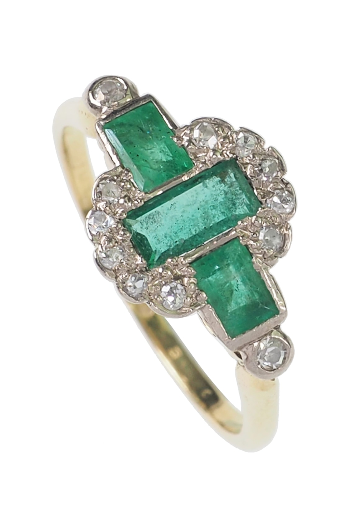 Art déco Verlobungsring mit Smaragde und Diamanten aus 18 Karat Gold und Platin