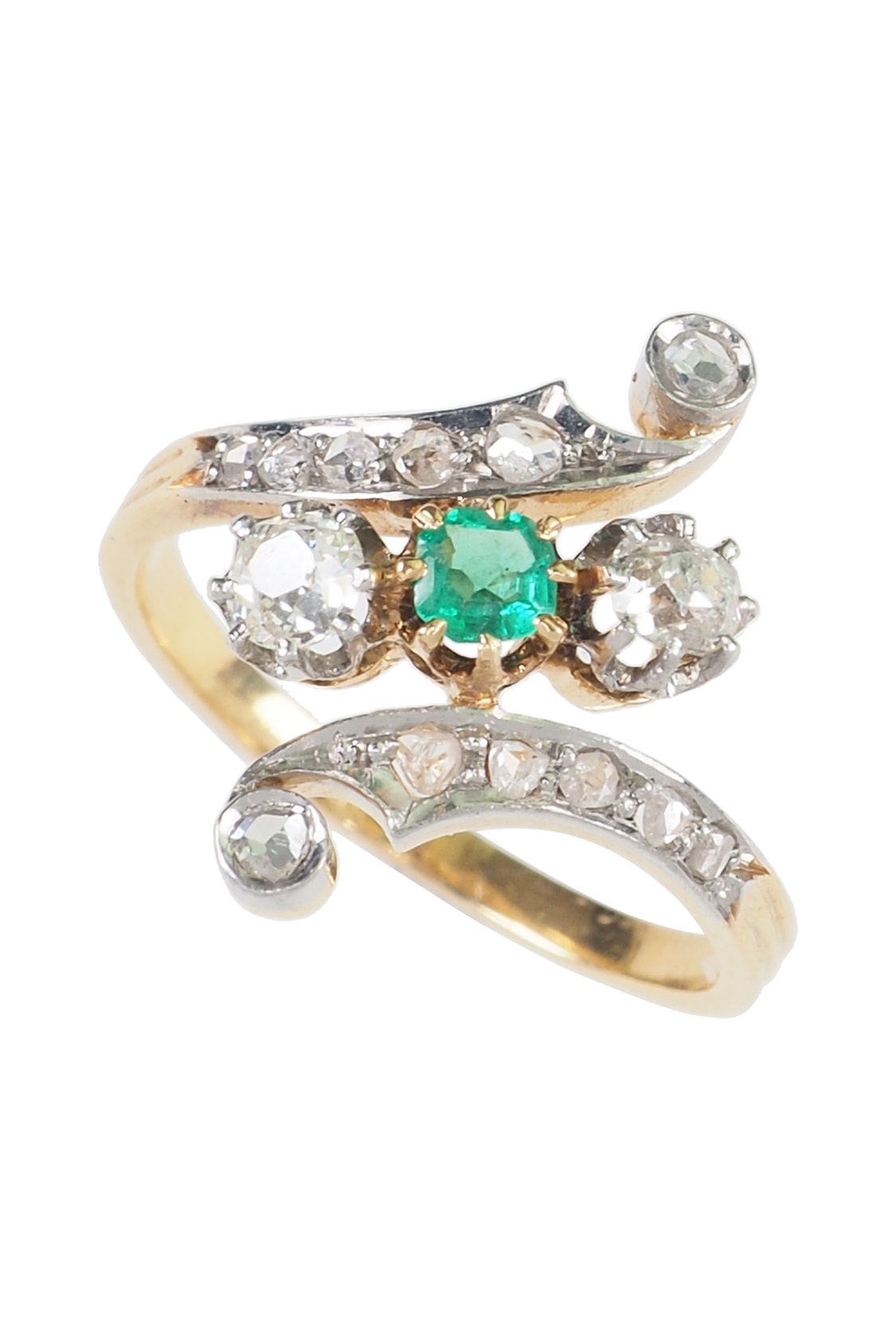 Art Nouveau Verlobungsring mit Smaragd und Diamanten aus 18 Karat Gold