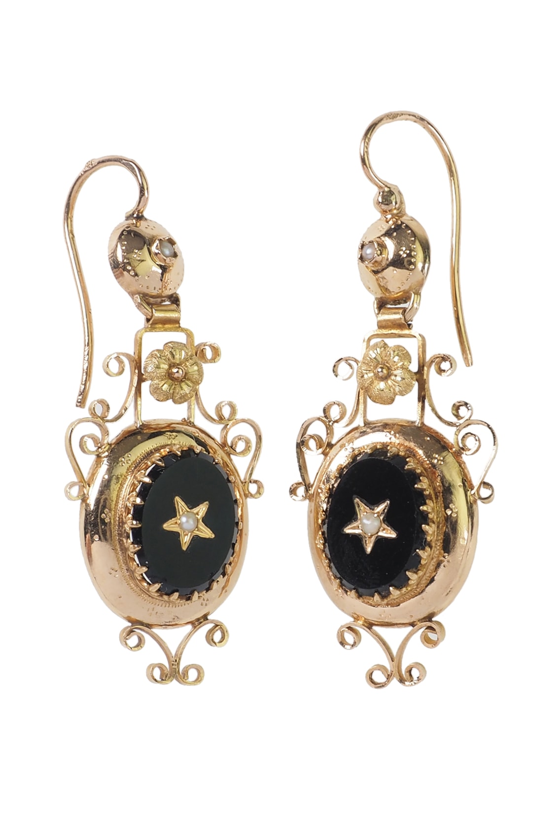 Dritte Französische Republik Ohrringe mit Onyx und Perlen aus 18 Karat Gold