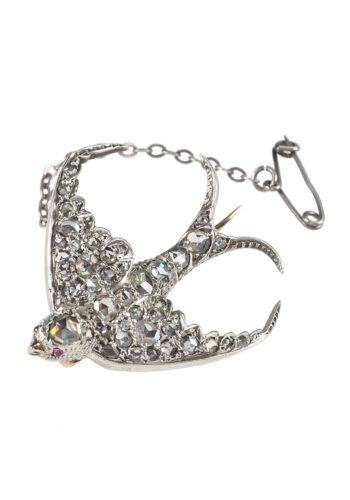 Um 1890 - Diamantbrosche "Schwalbe" aus Gelbgold & Silber – Bild 3